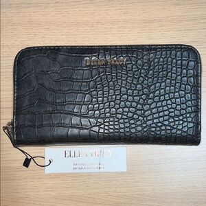 Ellen Tracy Black Croco Collection Long Wallet with Red Interior NWT